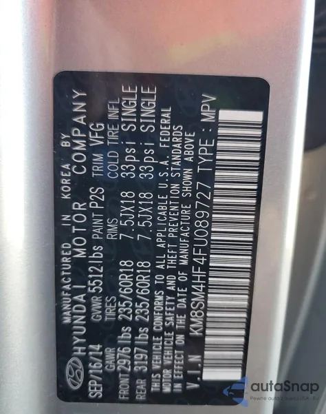 2015 Hyundai Santa Fe Gls из США, поврежденный, VIN KM8SM4HF4FU089727